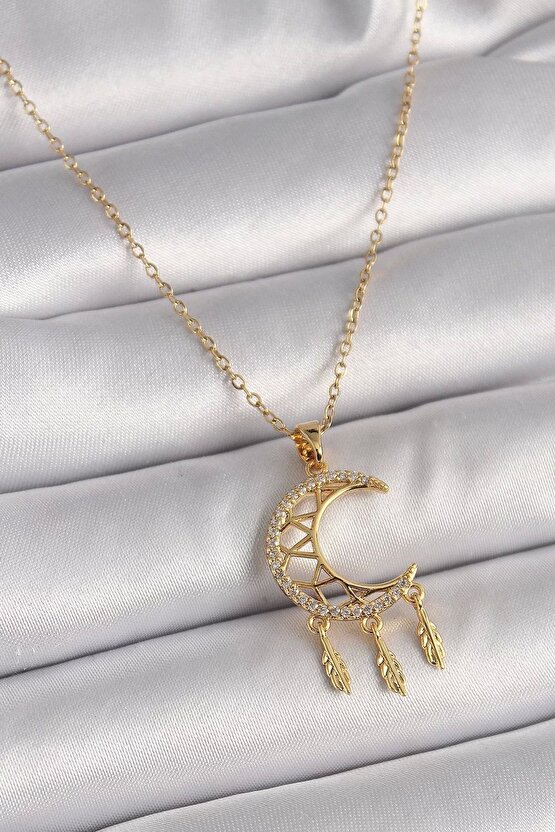 316l Çelik Gold Renk Zincir Zirkon Taşlı Hilal Model Sallantı Yaprak Detay Kadın Kolye