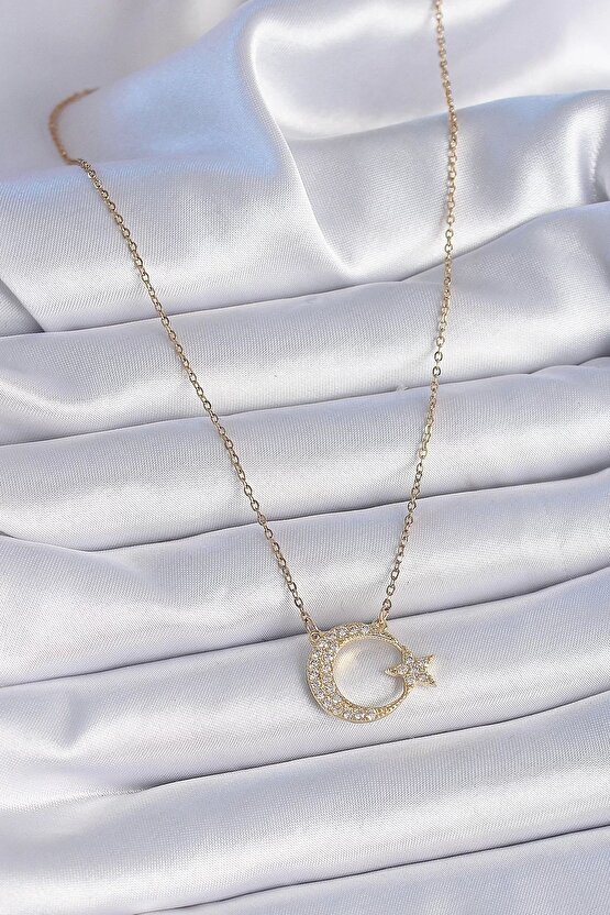 316l Çilek Zincir Gold Renk Zirkon Taşlı Ay Yıldız Model Kadın Kolye
