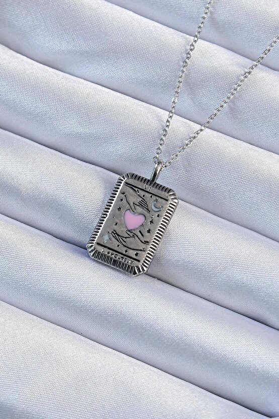 316l Çelik Zincir Eskitme Gümüş Renk Pembe Mineli Kalp Figürlü Tarot Kolye