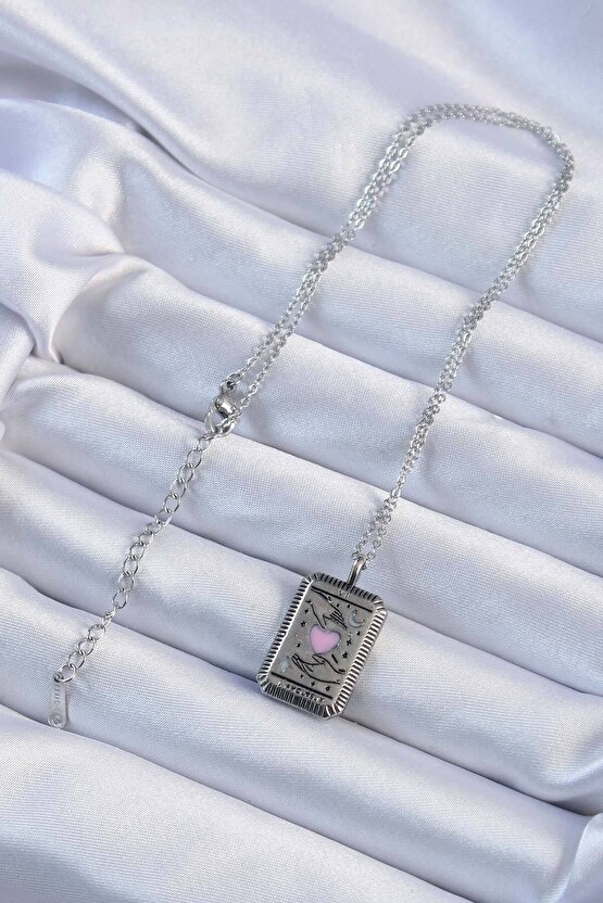 316l Çelik Zincir Eskitme Gümüş Renk Pembe Mineli Kalp Figürlü Tarot Kolye
