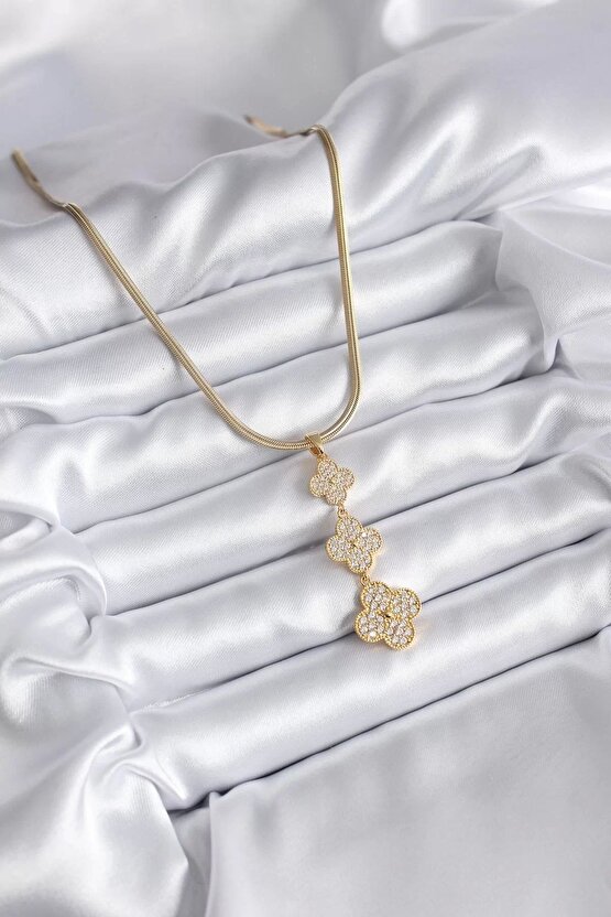 316l Çelik Gold Renk Italyan Zincir Zirkon Taşlı Yonca Model Kadın Kolye