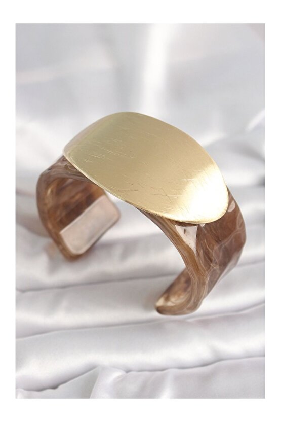 Kahverengi Mermer Desen Akrilik Plastik Gold Oval Plaka Model Vintage Kadın Bilezik