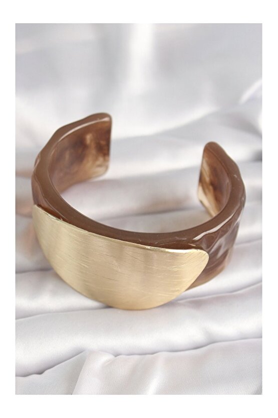 Kahverengi Mermer Desen Akrilik Plastik Gold Oval Plaka Model Vintage Kadın Bilezik