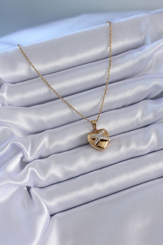Çelik Gold Renk Zirkon Detay Kalp Model Kadın Kolye