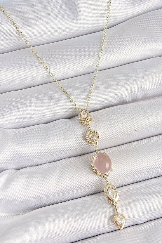 316L Çelik Gold Renk Zincir Zirkon Taşlı Pembe Mineli Y Model Dekolta Kadın Kolye