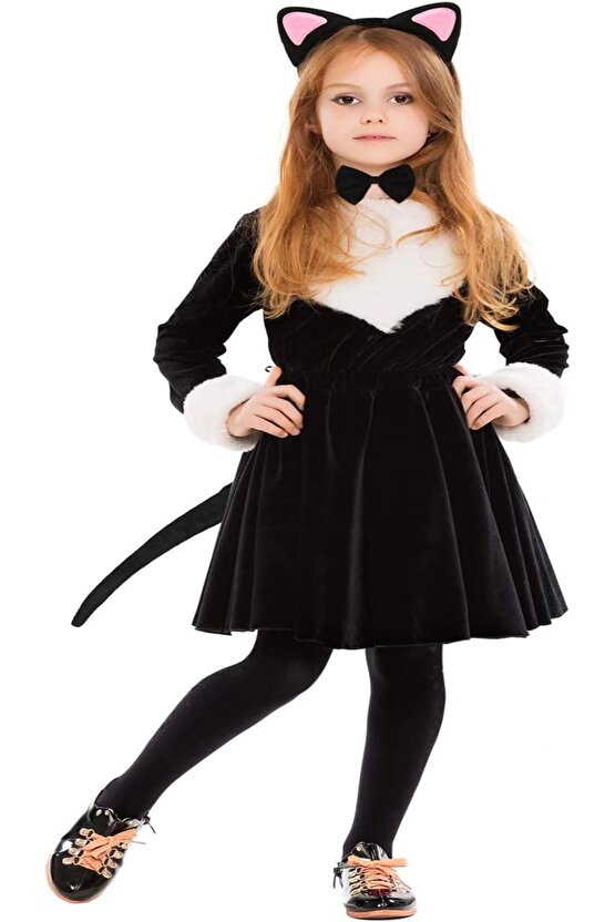 Kedi Kulak Taç Kuyruk ve Papyon 3 lü Set Çocuk Boy Pembe Renk 4767