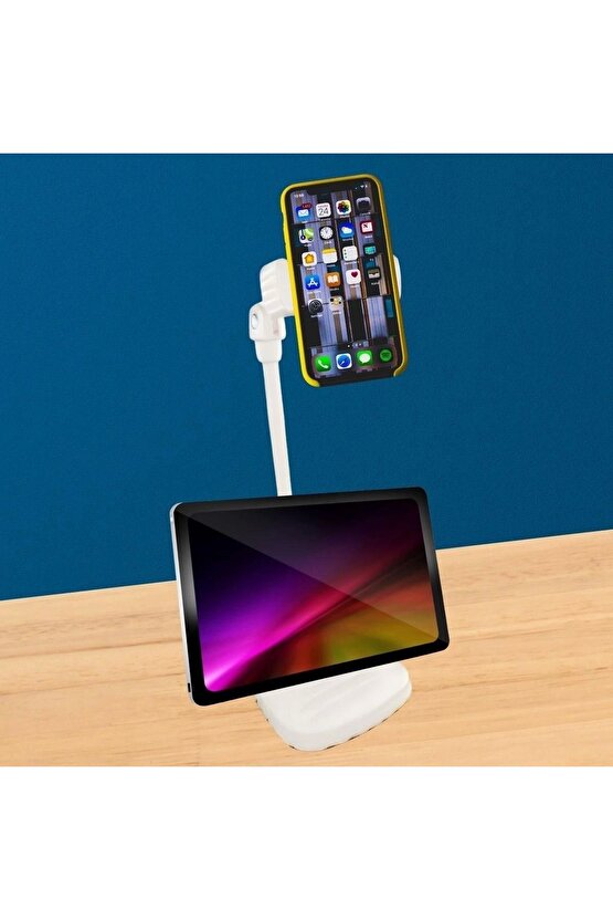 Masa Üstü Tablet ve Telefon Tutucu Plastik Aparat Beyaz Telefon Standı (4767)