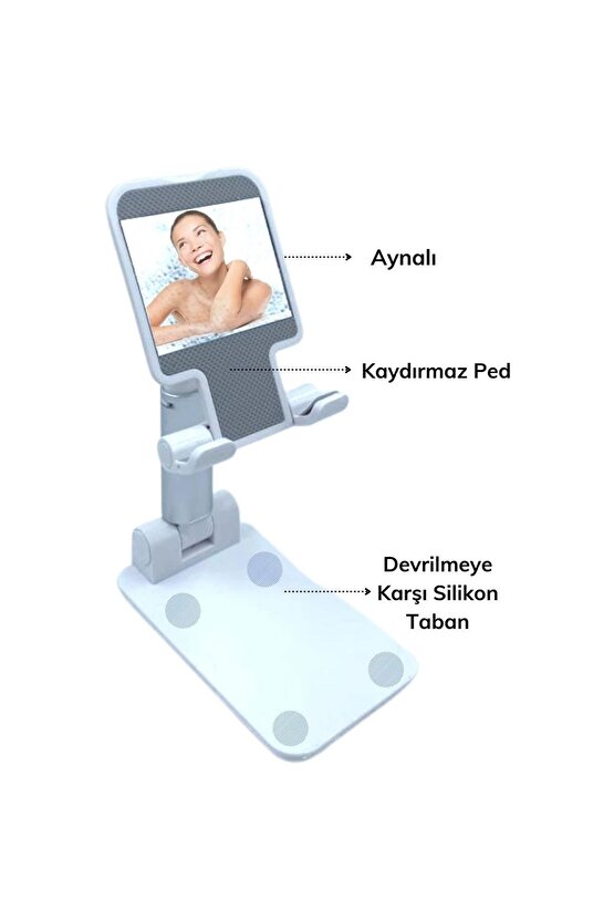 Siyah Aynalı Cep Telefonu Sabitleyici Stand Katlanabilir Ayarlanabilir Telefon Standı (4767)