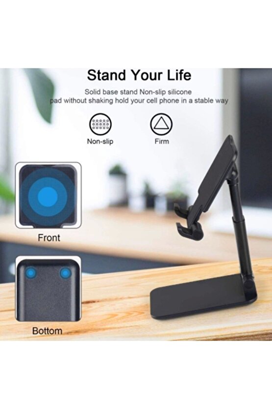 Siyah Aynalı Cep Telefonu Sabitleyici Stand Katlanabilir Ayarlanabilir Telefon Standı (4767)