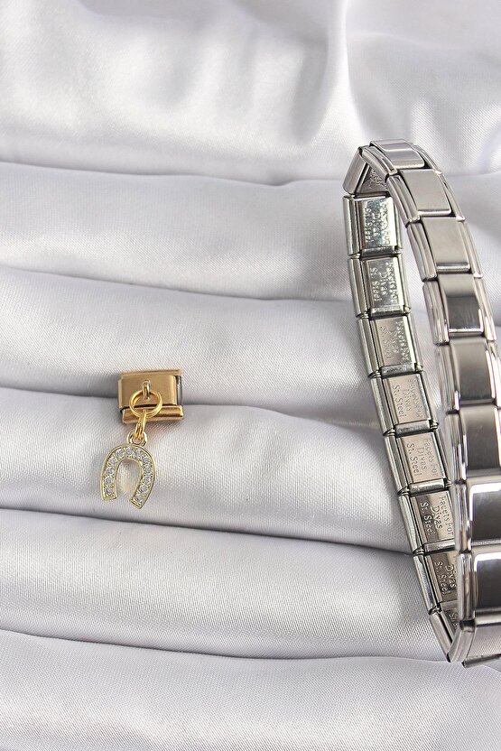 316l Çelik Gold Renk Sallantı Zirkon Taşlı Nal Model Nomination Charm