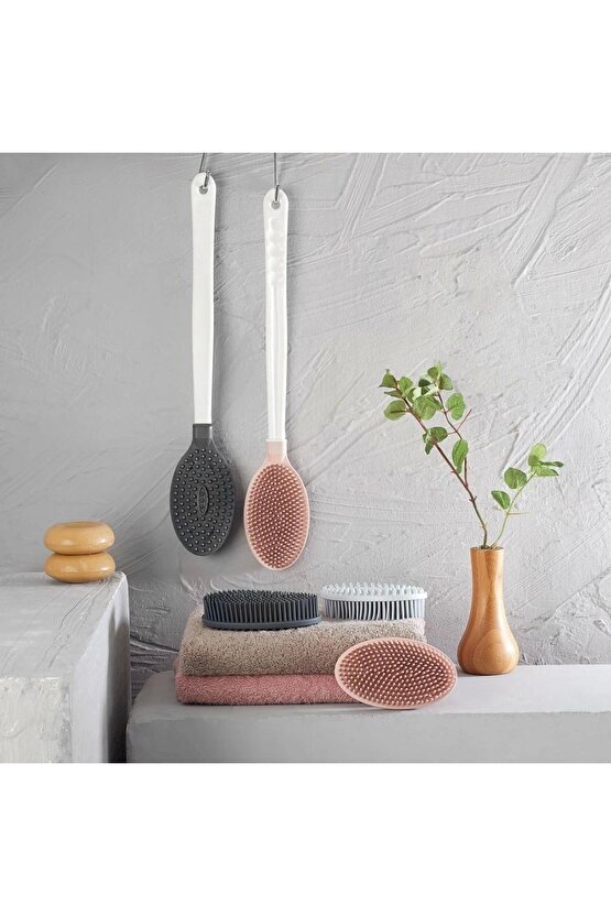 Silikon Masajlı Uzun Saplı Vücut Masaj Fırçası Banyo Sırt Kesesi Saplı Yumuşak Fırça (4767)