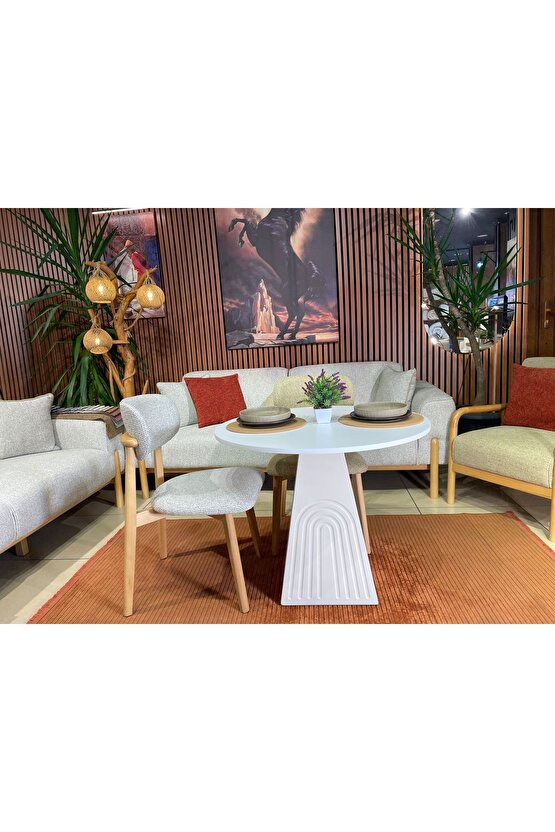 100 cm Yuvarlak Bohem Bej Ahşap Yemek Masası - Bej Krem Mutfak ve Salon Yemek masası