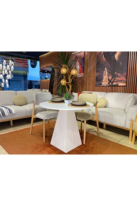 100 cm Yuvarlak Bohem Bej Ahşap Yemek Masası - Bej Krem Mutfak ve Salon Yemek masası