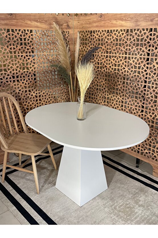 120x90 Cm Yuvarlak Beyaz Ahşap Yemek Masası - Fungi Bohem Serisi - Mutfak Balkon Kafe