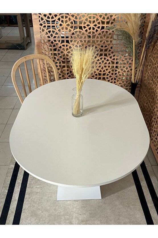 120x90 Cm Yuvarlak Beyaz Ahşap Yemek Masası - Fungi Bohem Serisi - Mutfak Balkon Kafe
