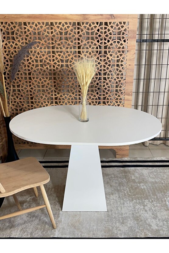 120x90 Cm Yuvarlak Beyaz Ahşap Yemek Masası - Fungi Bohem Serisi - Mutfak Balkon Kafe