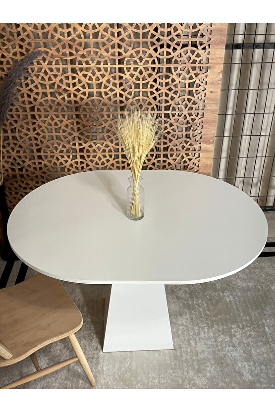 120x90 Cm Yuvarlak Beyaz Ahşap Yemek Masası - Fungi Bohem Serisi - Mutfak Balkon Kafe