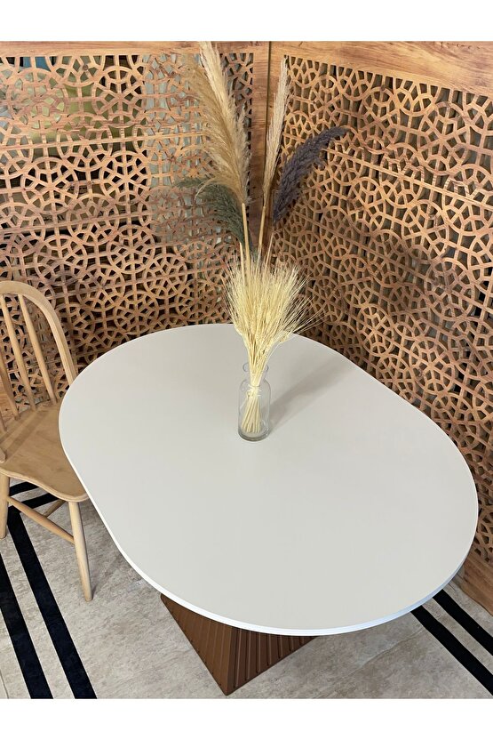 120x90 Cm Yuvarlak Kahverengi Fitilli Ahşap Yemek Masası - Fungi Bohem Serisi - Mutfak Balkon Kafe