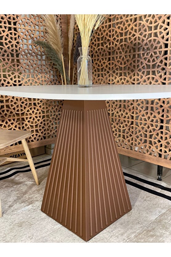 120x90 Cm Yuvarlak Kahverengi Fitilli Ahşap Yemek Masası - Fungi Bohem Serisi - Mutfak Balkon Kafe