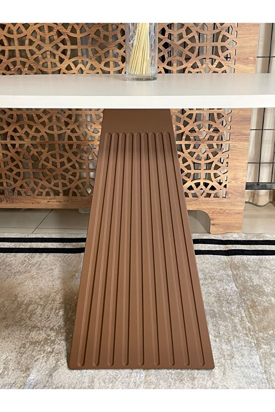 120x90 Cm Yuvarlak Kahverengi Fitilli Ahşap Yemek Masası - Fungi Bohem Serisi - Mutfak Balkon Kafe