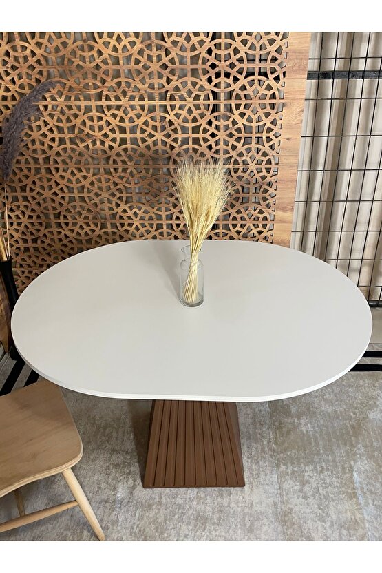 120x90 Cm Yuvarlak Kahverengi Fitilli Ahşap Yemek Masası - Fungi Bohem Serisi - Mutfak Balkon Kafe