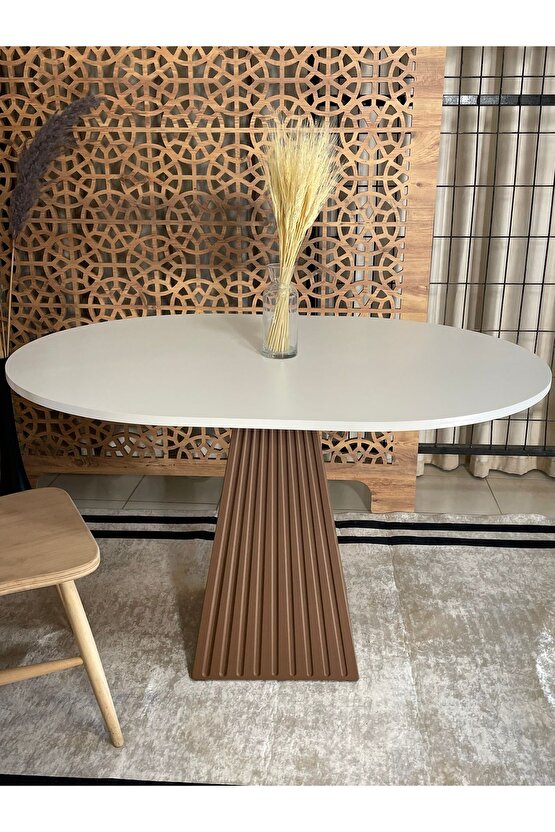 120x90 Cm Yuvarlak Kahverengi Fitilli Ahşap Yemek Masası - Fungi Bohem Serisi - Mutfak Balkon Kafe