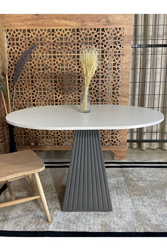 120x90 Cm Yuvarlak Antrasit Gri Fitilli Ahşap Yemek Masası - Fungi Bohem Serisi - Mutfak Balkon Kafe