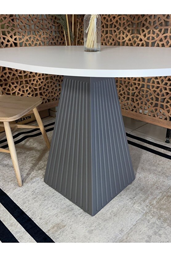 120x90 Cm Yuvarlak Antrasit Gri Fitilli Ahşap Yemek Masası - Fungi Bohem Serisi - Mutfak Balkon Kafe