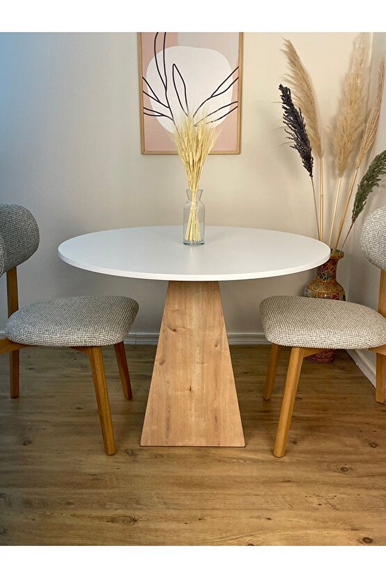 100 Cm Safir Meşe Ayaklı Ahşap Yemek Masası - Fungi Serisi - Çalışma Masası - Balkon ve Kafe Masası