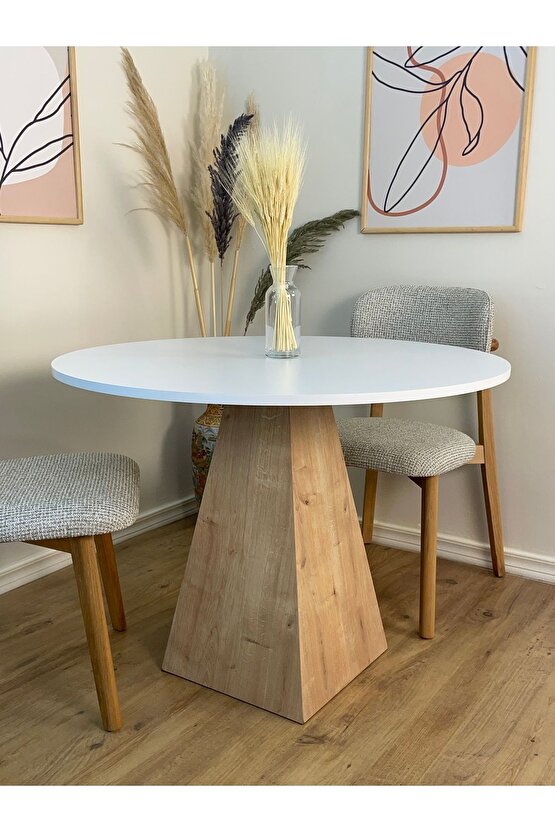 100 Cm Safir Meşe Ayaklı Ahşap Yemek Masası - Fungi Serisi - Çalışma Masası - Balkon ve Kafe Masası