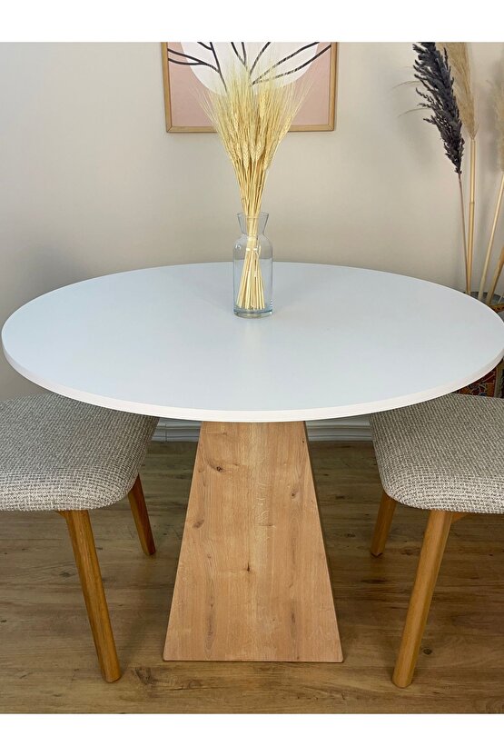 90 Cm Safir Meşe Ayaklı Ahşap Yemek Masası - Fungi Serisi - Çalışma Masası - Balkon ve Kafe Masası