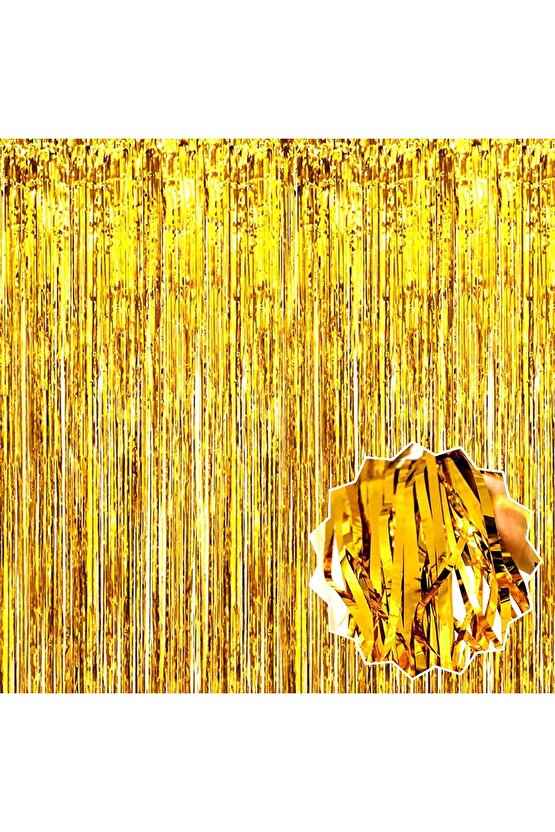 Altın Gold Renk Ekstra Metalize Parlak Saçaklı Arka Fon Perde İthal A Kalite 1x2 Metre
