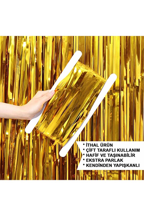 Altın Gold Renk Ekstra Metalize Parlak Saçaklı Arka Fon Perde İthal A Kalite 1x2 Metre