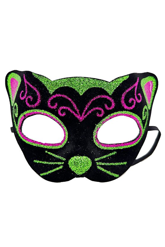 Siyah Kadife Kaplama Üzeri Pembe Yeşil Sim İşlemeli Kedi Maskesi 20x13 cm (CLZ)