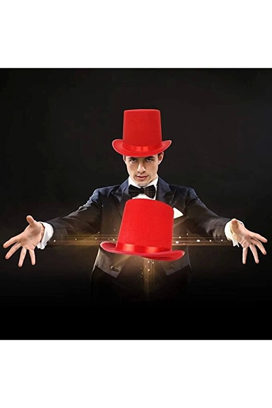 Heyf Yetişkinler Için Kırmızı Renk Ringmaster Sihirbaz Şapkası Fötr Şapka 15 Cm