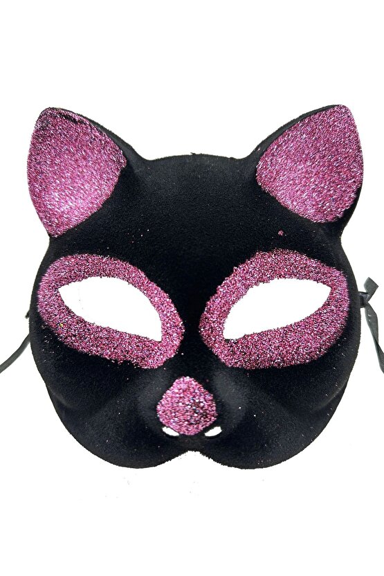 Siyah Renk Pembe Simli Süet Kaplama Kedi Maskesi 18x14 cm (4767)