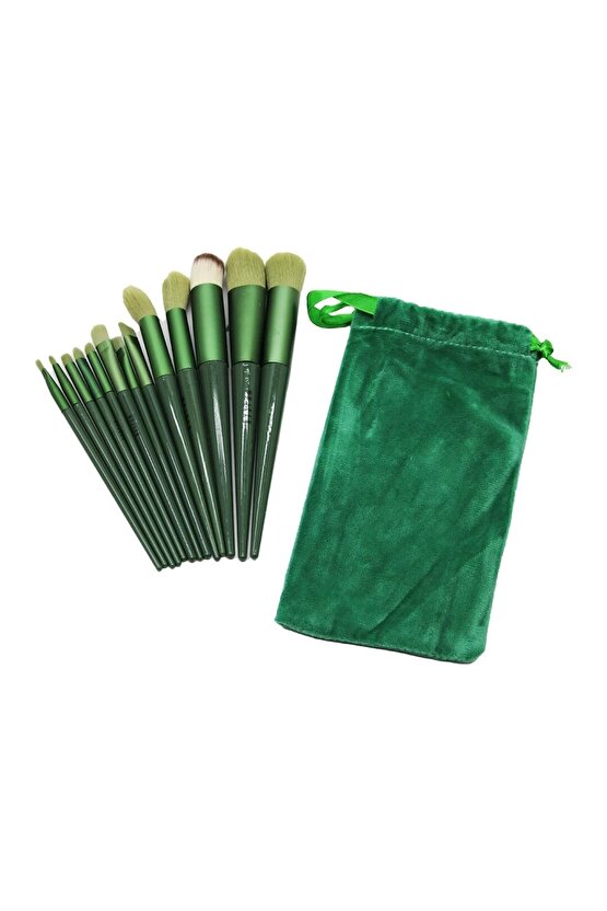 13PCS YEŞİL KADİFE TORBALI MAKYAJ FIRÇA SET (4767) - Lisinya