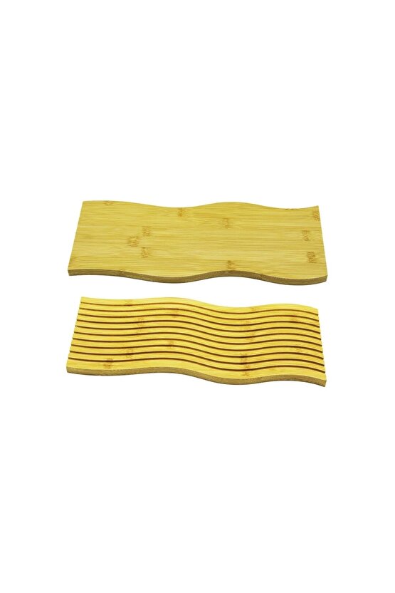 DİKDÖRTGEN ÇİFT TARAFLI : DÜZ - DALGALI OYUK DESENLİ AHŞAP BAMBU SUNUM TEPSİ 15X39CM (4767)