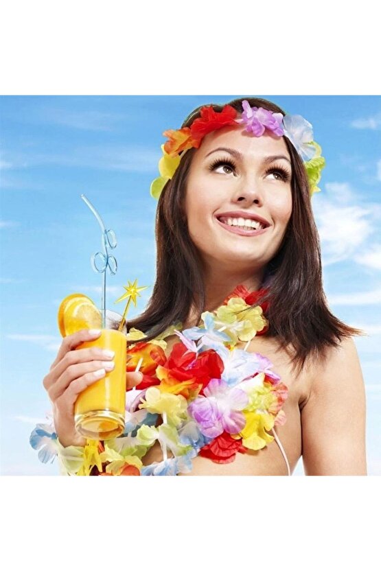 Rengarenk Hawaii Kolye Taç Bileklik Seti 4 Parça (4767)