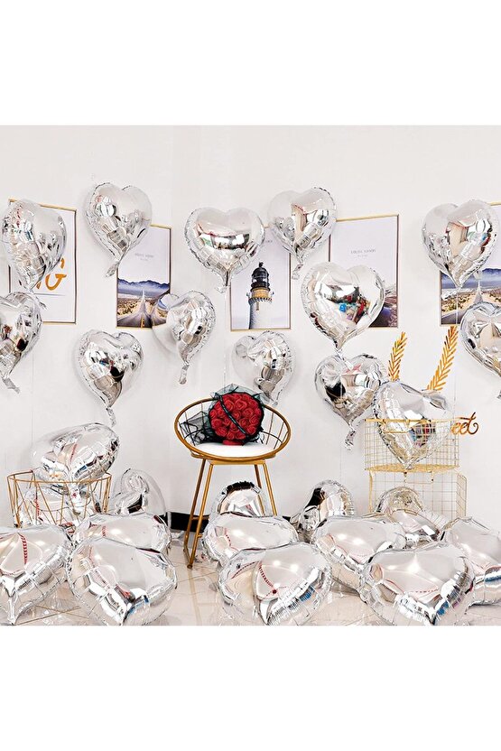 Metalize Parlak Gümüş Kalp Şekilli Uçan Balon Folyo 18 Inç 45 Cm 10 Adet