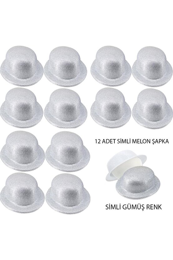Gümüş Renk Simli Melon Yuvarlak Parti Şapkası 12 Adet (4401)