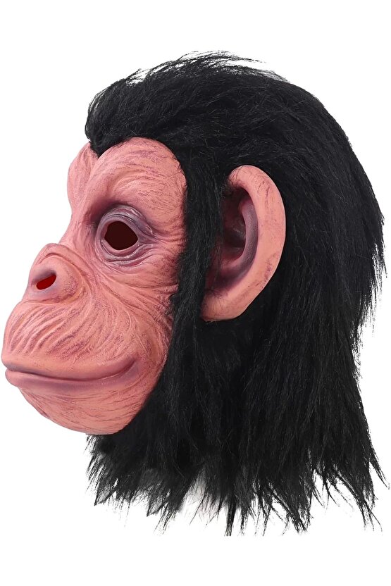 Siyah Saçlı Kafaya Tam Geçmeli Lateks Şempanze Maskesi - Lateks Maymun Orangutan Goril Maske Et Mask