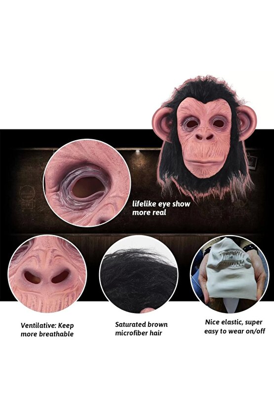 Siyah Saçlı Kafaya Tam Geçmeli Lateks Şempanze Maskesi - Lateks Maymun Orangutan Goril Maske Et Mask