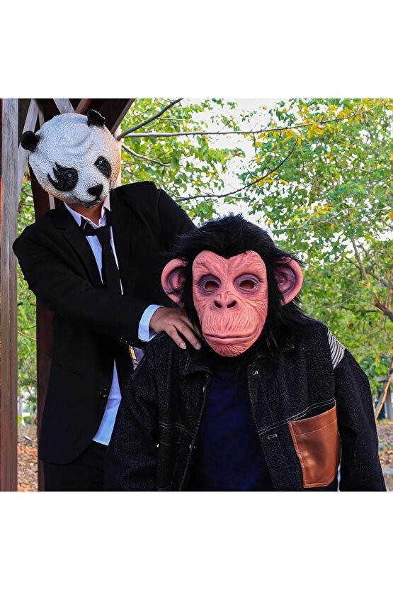 Siyah Saçlı Kafaya Tam Geçmeli Lateks Şempanze Maskesi - Lateks Maymun Orangutan Goril Maske Et Mask