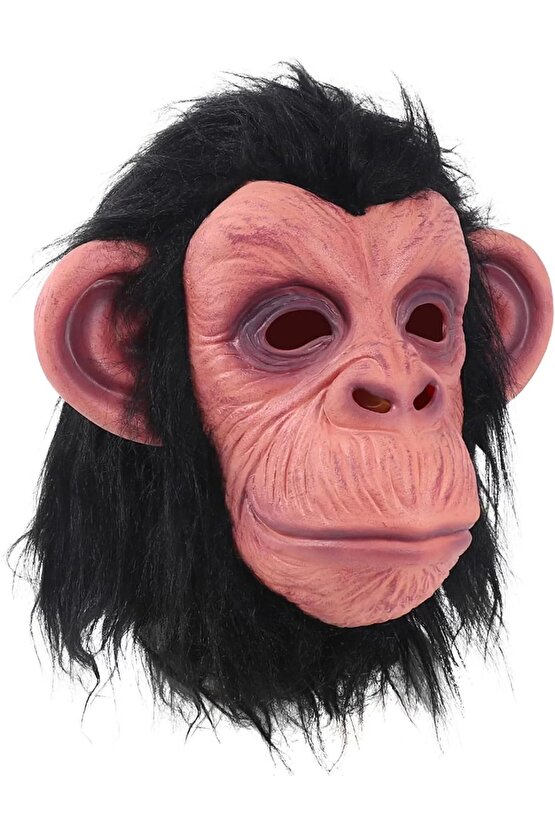 Siyah Saçlı Kafaya Tam Geçmeli Lateks Şempanze Maskesi - Lateks Maymun Orangutan Goril Maske Et Mask
