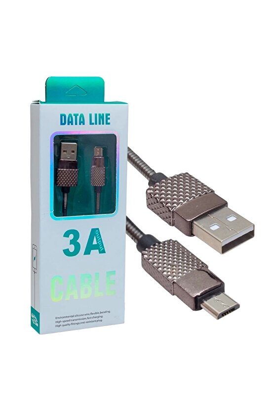 3 AMPER METAL YAYLI MICRO USB DATA VE ŞARJ KABLOSU 1 METRE (4767)