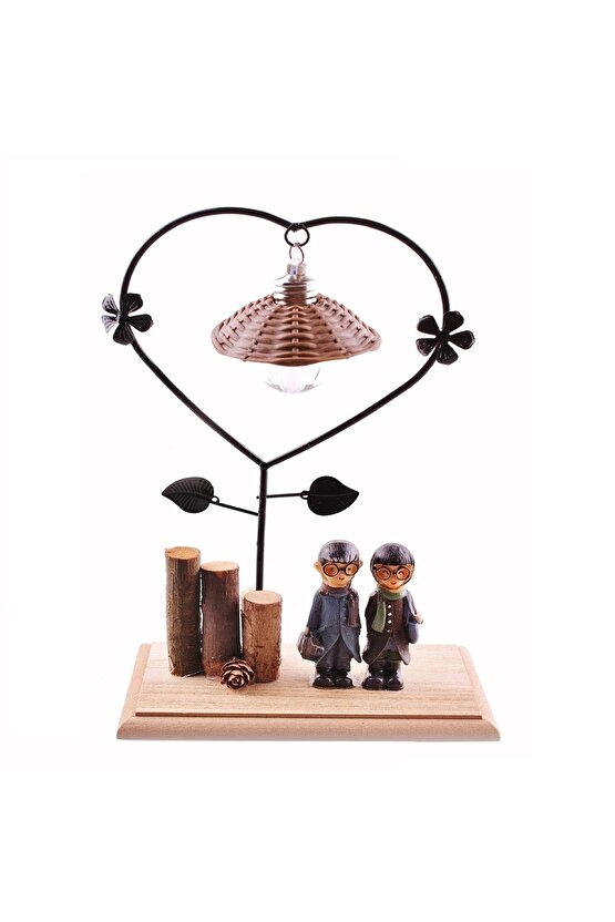 Pilli Işıklı Romantik Çift Tema Büyük Boy Dekoratif Ahşap Biblo (4767)