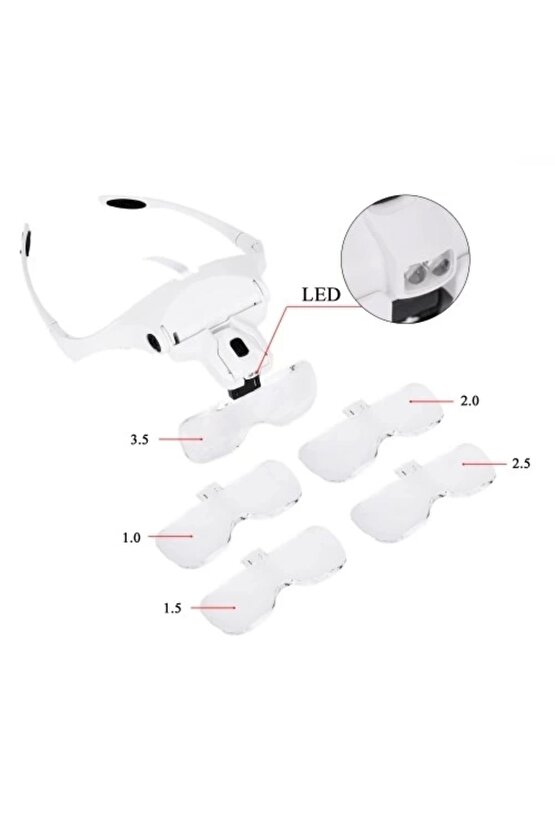 5 Lens 1.0x3.5x 2led Işıklı  Ile Ayarlanabilir Gözlük Büyüteç9892b2