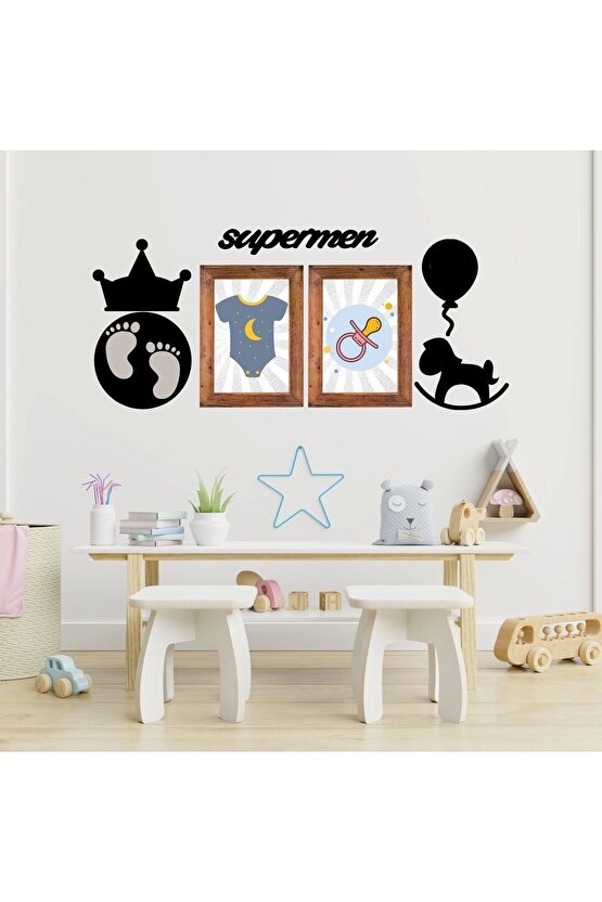 DECO103 Supermen Dekoratif Duvar Süsü Tablo Aksesuar Ahşap Tasarım Hediye Pano Sticker Seti (4767)