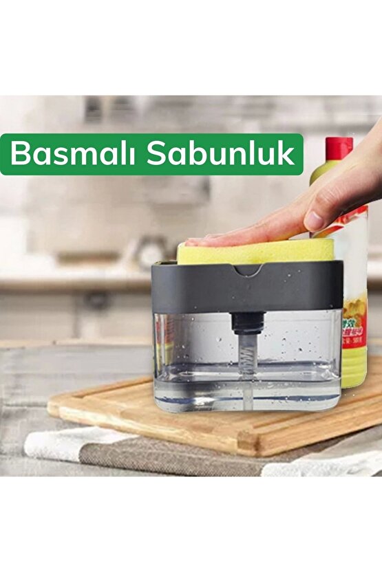 İkisi Bir Arada Basmalı Pratik Sıvı Sabunluk Pompası ve Bulaşık Yıkama Süngeri Haznesi (4767)